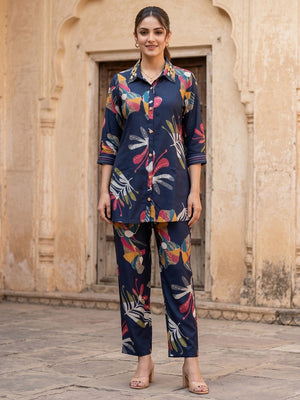 Floral Printed Navy Blue Rayon Top Bottom Set Minimal Ethnic Style - Image 1