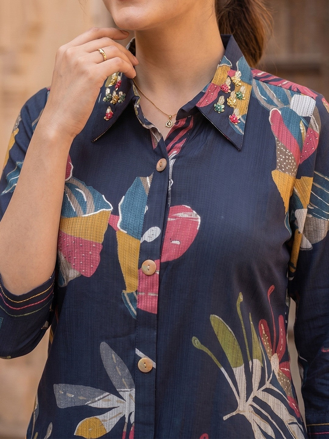 Floral Printed Navy Blue Rayon Top Bottom Set Minimal Ethnic Style - Image 3