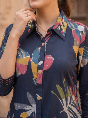 Floral Printed Navy Blue Rayon Top Bottom Set Minimal Ethnic Style - Image 2