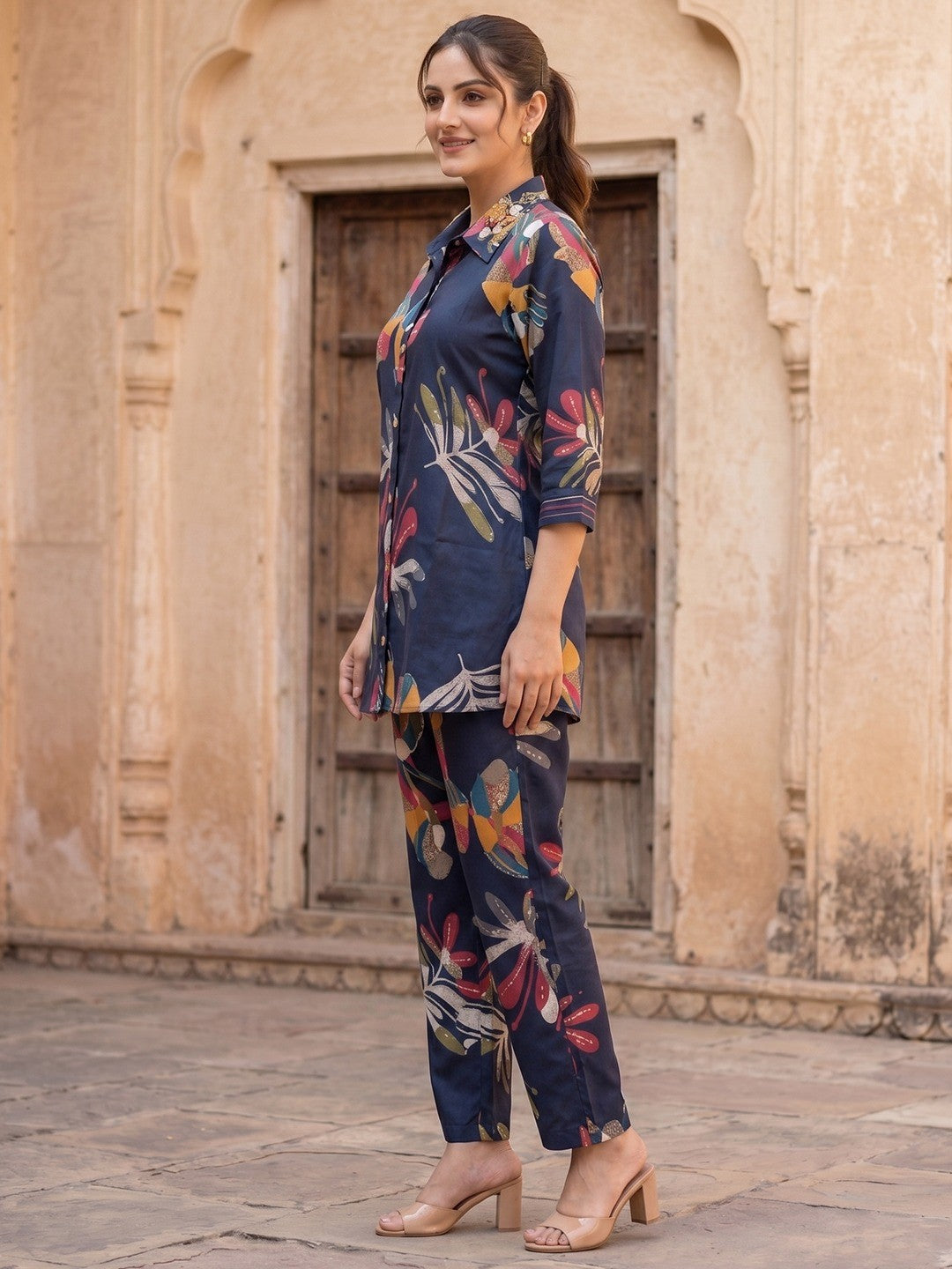 Floral Printed Navy Blue Rayon Top Bottom Set Minimal Ethnic Style - Image 3