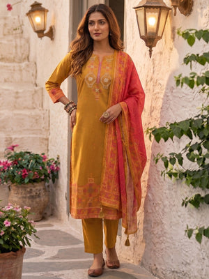 Mustard Pure Cotton Straight Cut Salwar Suit with Printed Dupatta Elegant Look - Image 1