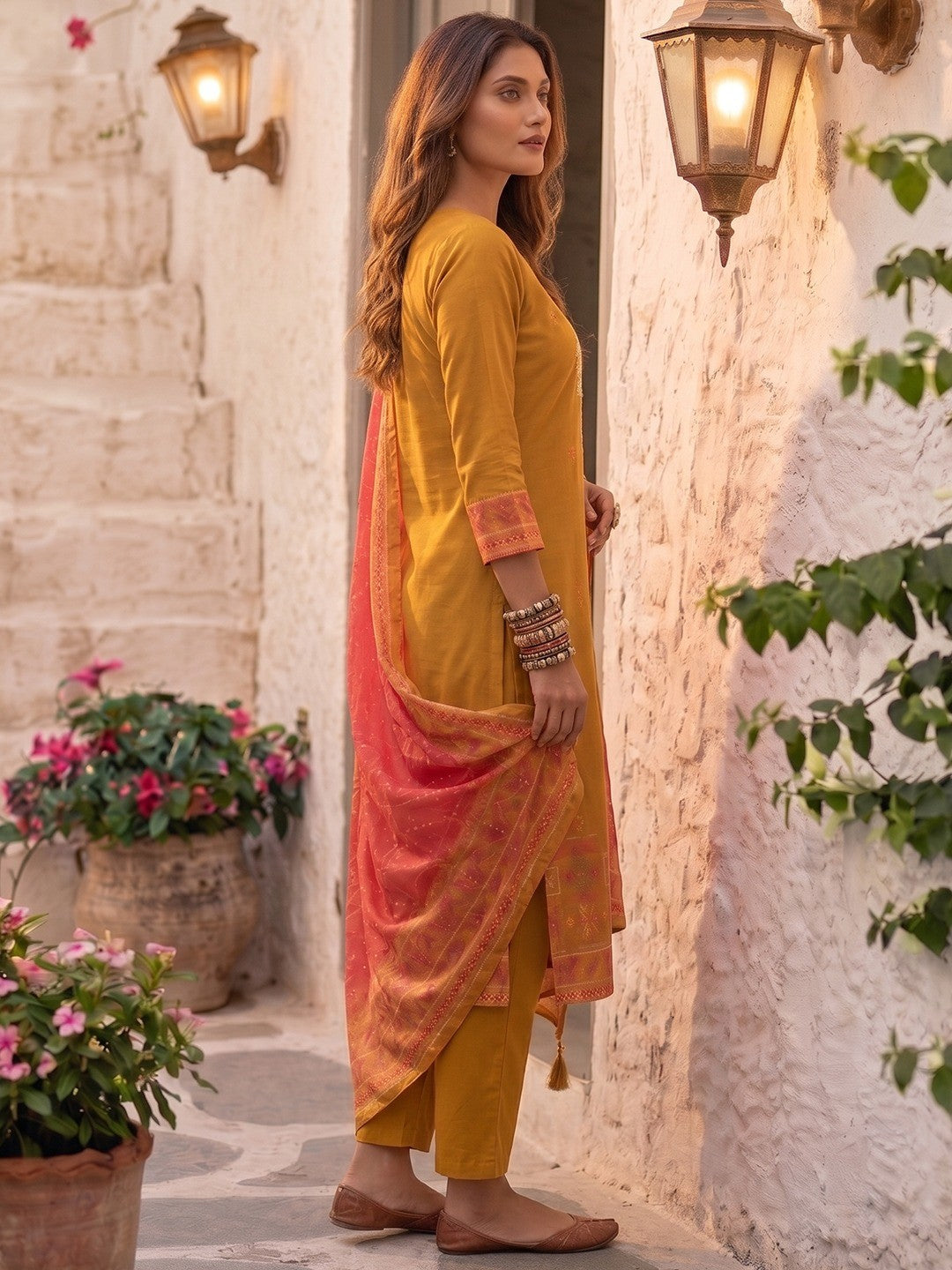 Mustard Pure Cotton Straight Cut Salwar Suit with Printed Dupatta Elegant Look - Image 2