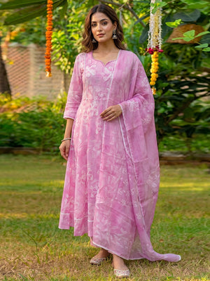 Blush Pink Floral A Line Cotton Salwar Suit with Dupatta Lightweight Graceful Style - Image 1