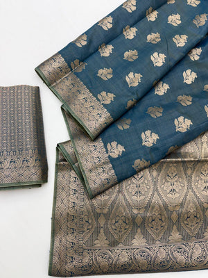 Elegant Teal Cotton Silk Saree With Floral Zari Weave - Image 2