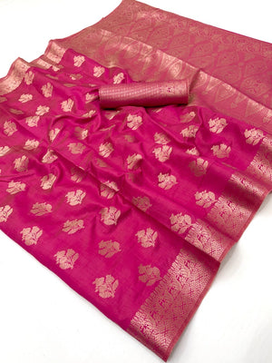 Elegant Pink Cotton Silk Saree with Floral Zari Weave - Image 2