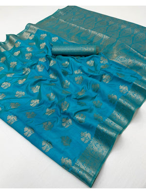 Blue Cotton Silk Saree Adorned With Floral Zari Weave - Image 2