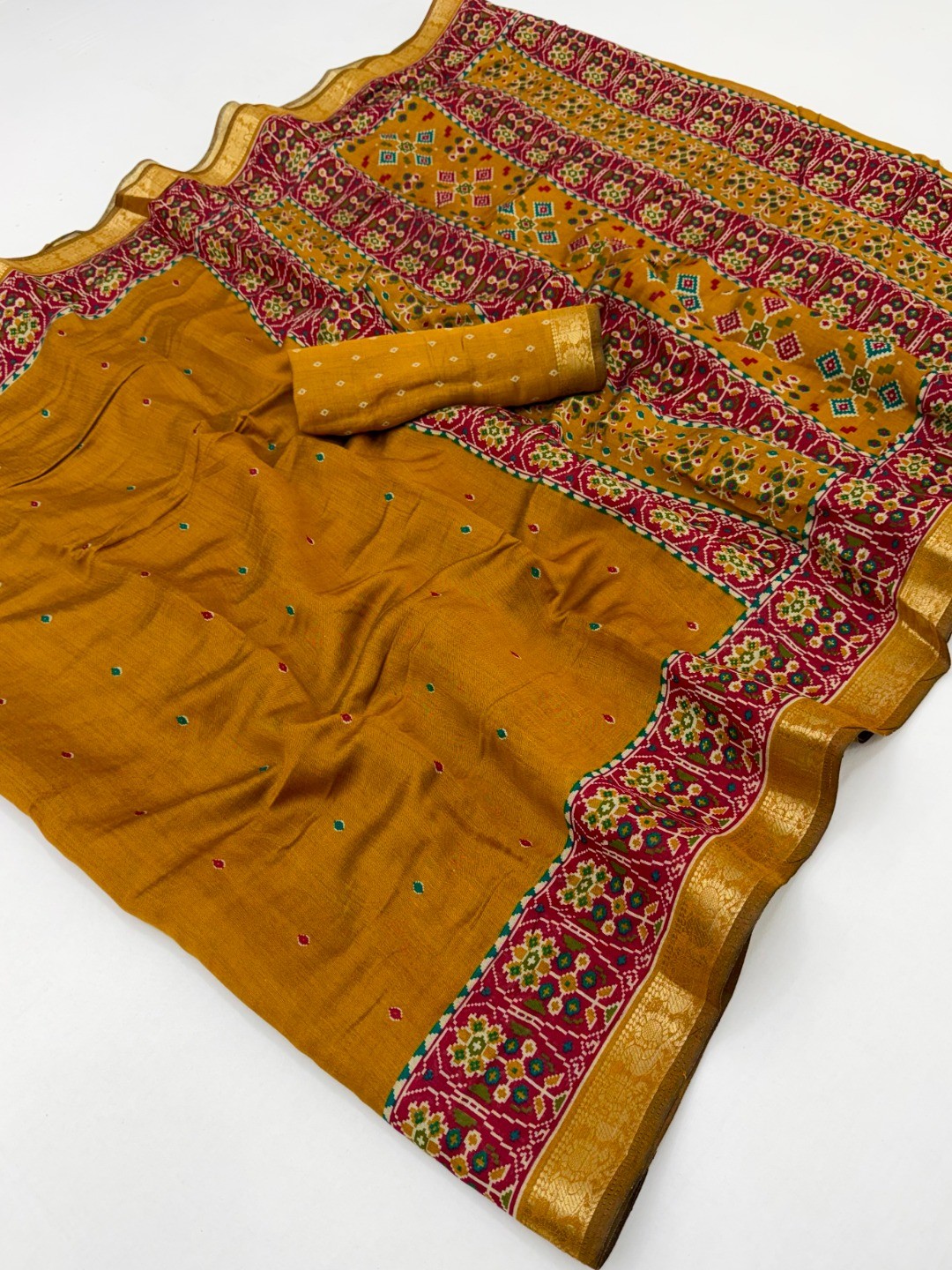 Mustard Yellow Viscose Saree with Jaipuri Print and Zari Border - Image 3