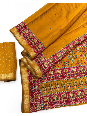 Mustard Yellow Viscose Saree with Jaipuri Print and Zari Border - Image 2