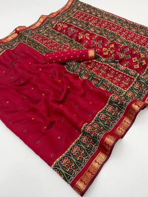 Elegant Red Viscose Saree with Jacquard Zari Border and Fancy Print - Image 2