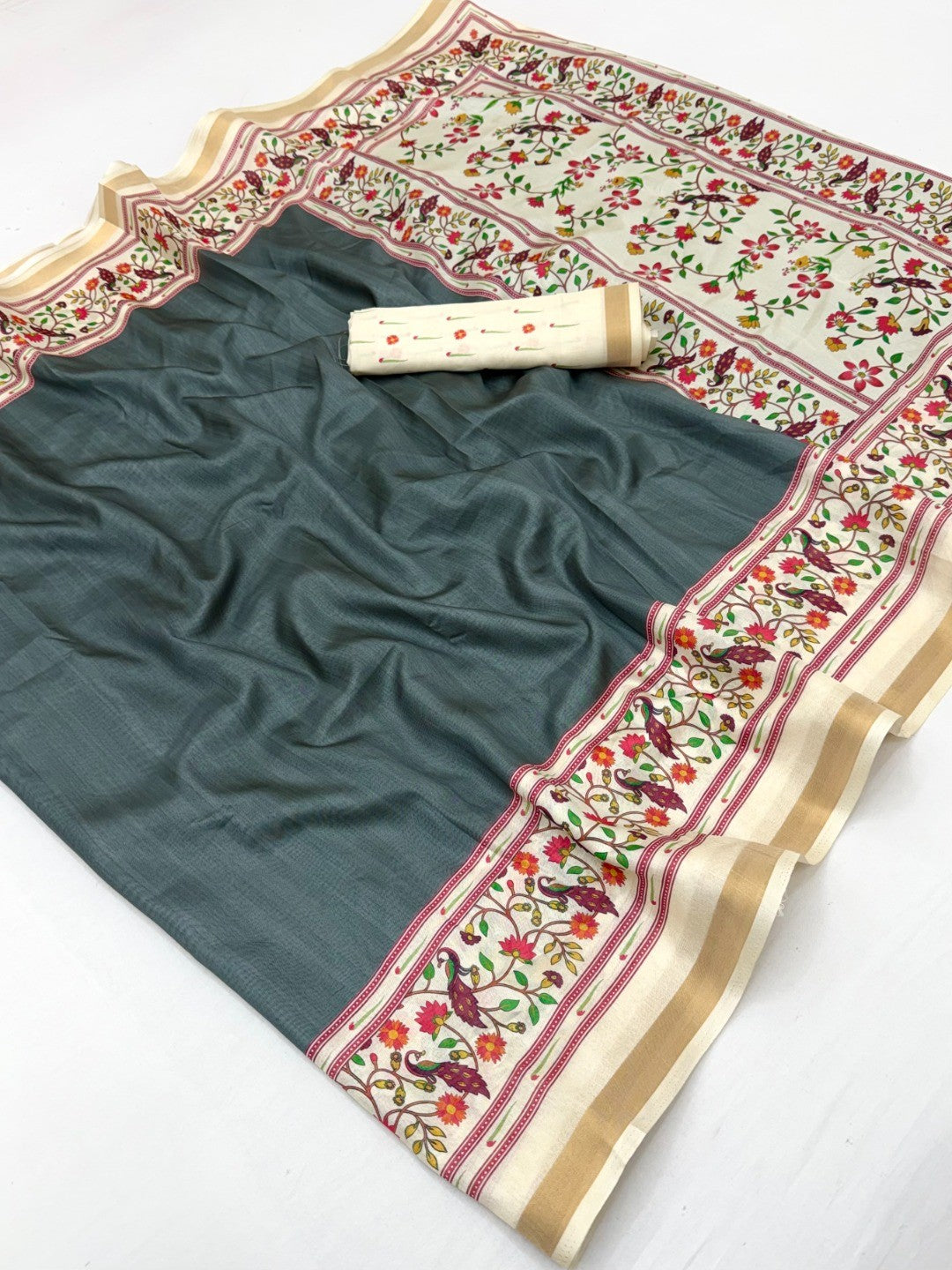 Digital Printed Grey Dola Silk Saree with Zari Border Elegant Festive Ethnic Wear - Image 2
