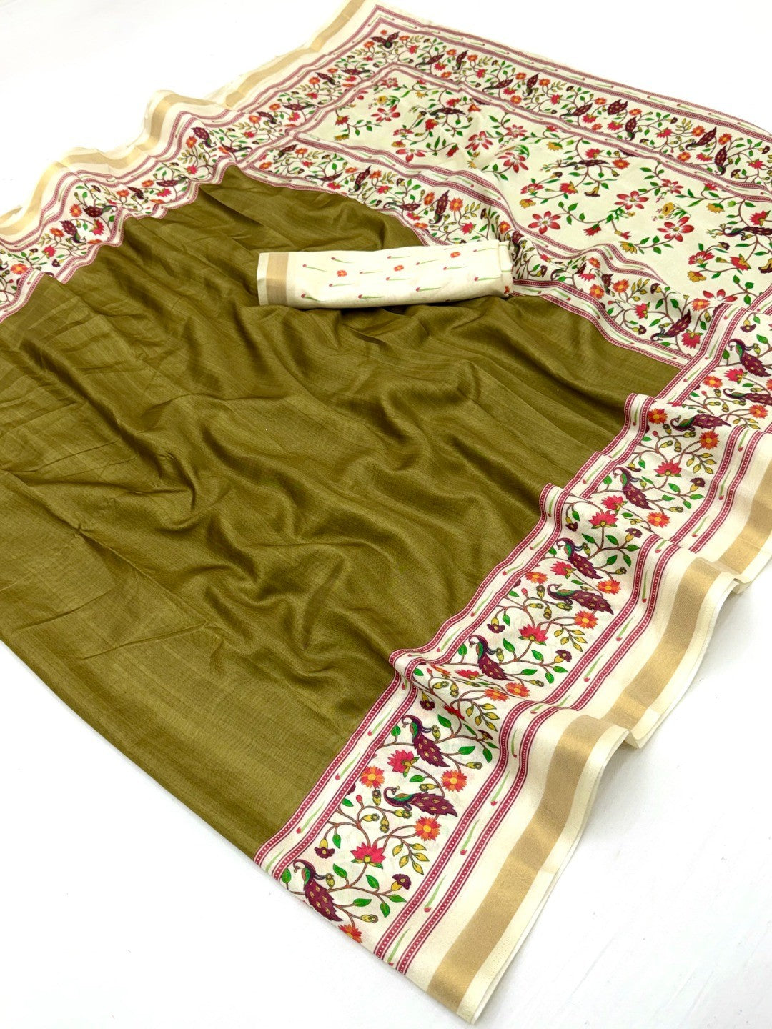 Digital Printed Olive Dola Silk Saree with Zari Border Elegant Festive Ethnic Wear - Image 3