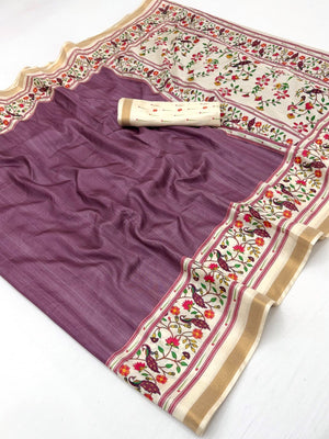 Purple Digital Printed Dola Silk Saree with Zari Border Lightweight Ethnic Wear - Image 2