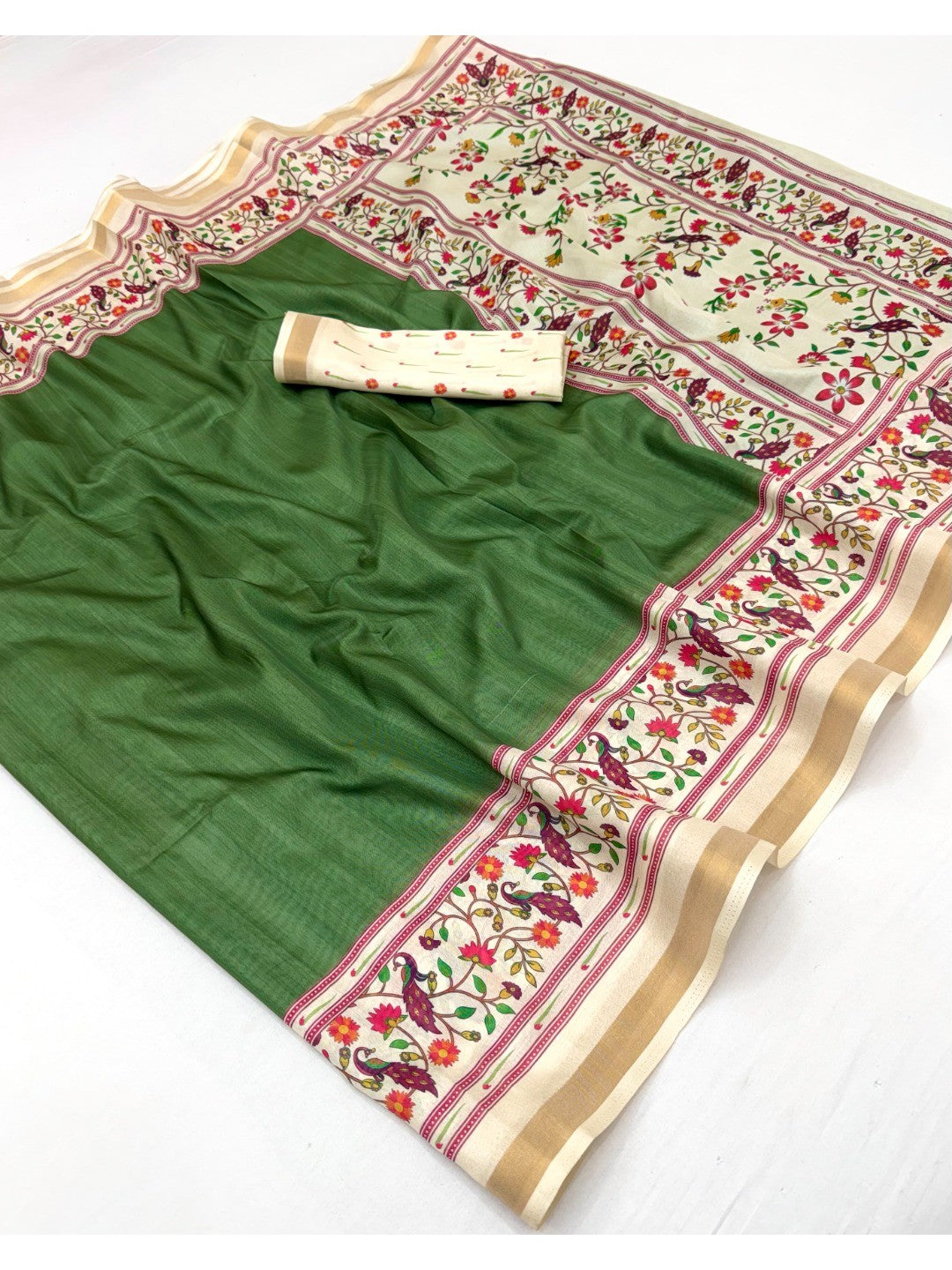 Green Digital Printed Dola Silk Saree with Zari Border Lightweight Ethnic Wear - Image 3