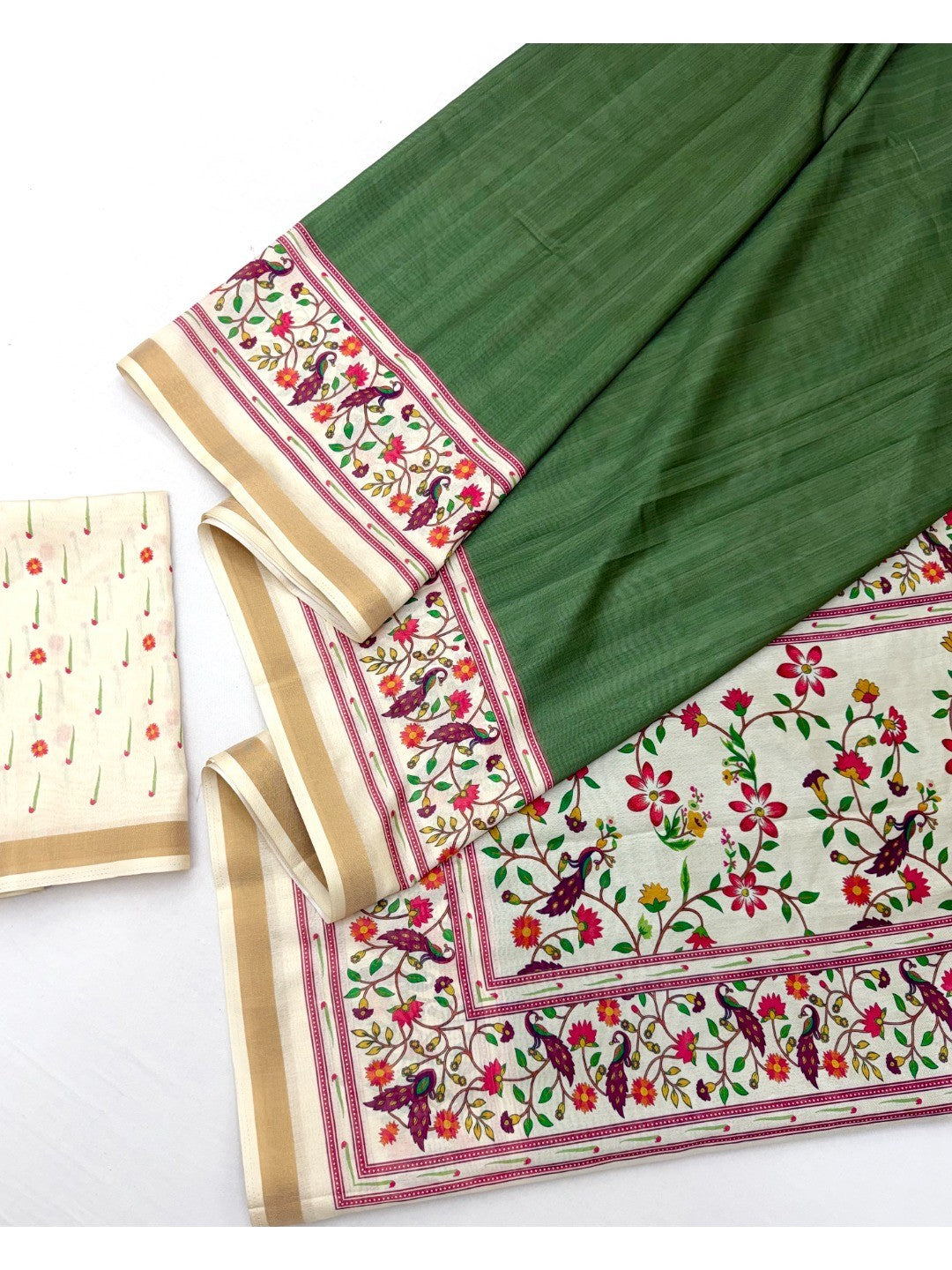 Green Digital Printed Dola Silk Saree with Zari Border Lightweight Ethnic Wear - Image 2
