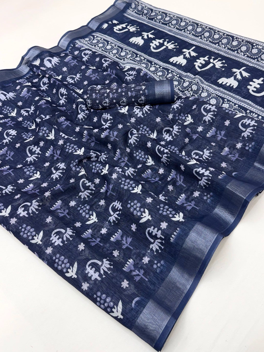 Blue Digital Print Pure Cotton Saree with Elegant Zari Border - Image 2