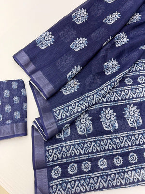 Blue Digital Printed Pure Cotton Saree with Zari Border Soft Comfortable Style - Image 2