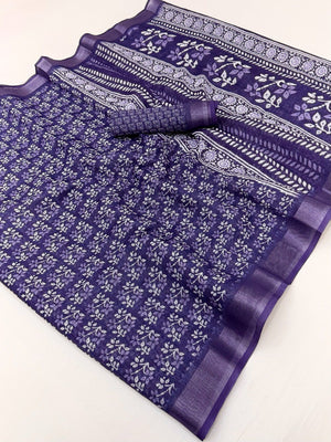 Navy Blue Digital Print Pure Cotton Saree with Zari Border - Image 2