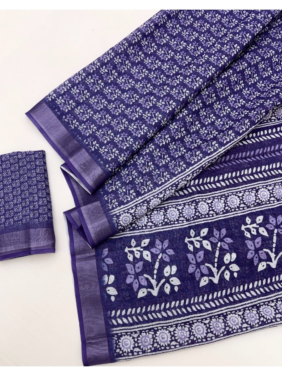 Navy Blue Digital Print Pure Cotton Saree with Zari Border - Image 3