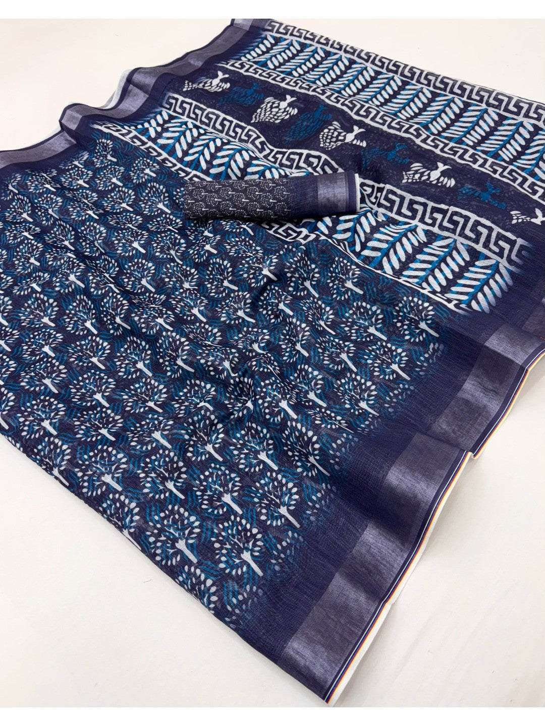 Elegant Blue Digital Print Pure Cotton Saree with Zari Border - Image 3
