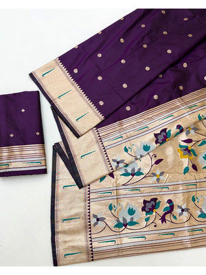 Traditional Dark Purple Floral Zari Weaving Silk Paithani Saree With Intricate Designer Pallu - Image 2