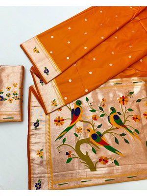 Classic Orange Zari Woven Banarasi Silk Paithani Saree With Floral Border & Parrot Motif Pallu - Image 2