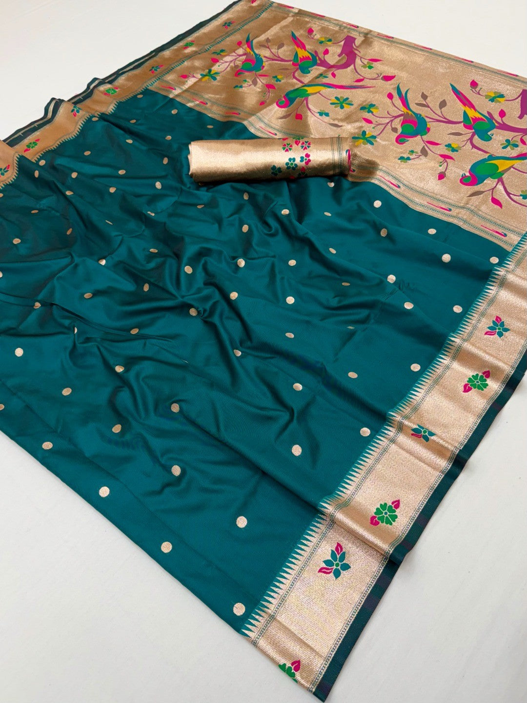 Classic Teal Zari Woven Banarasi Silk Paithani Saree With Floral Border & Parrot Motif Pallu - Image 3