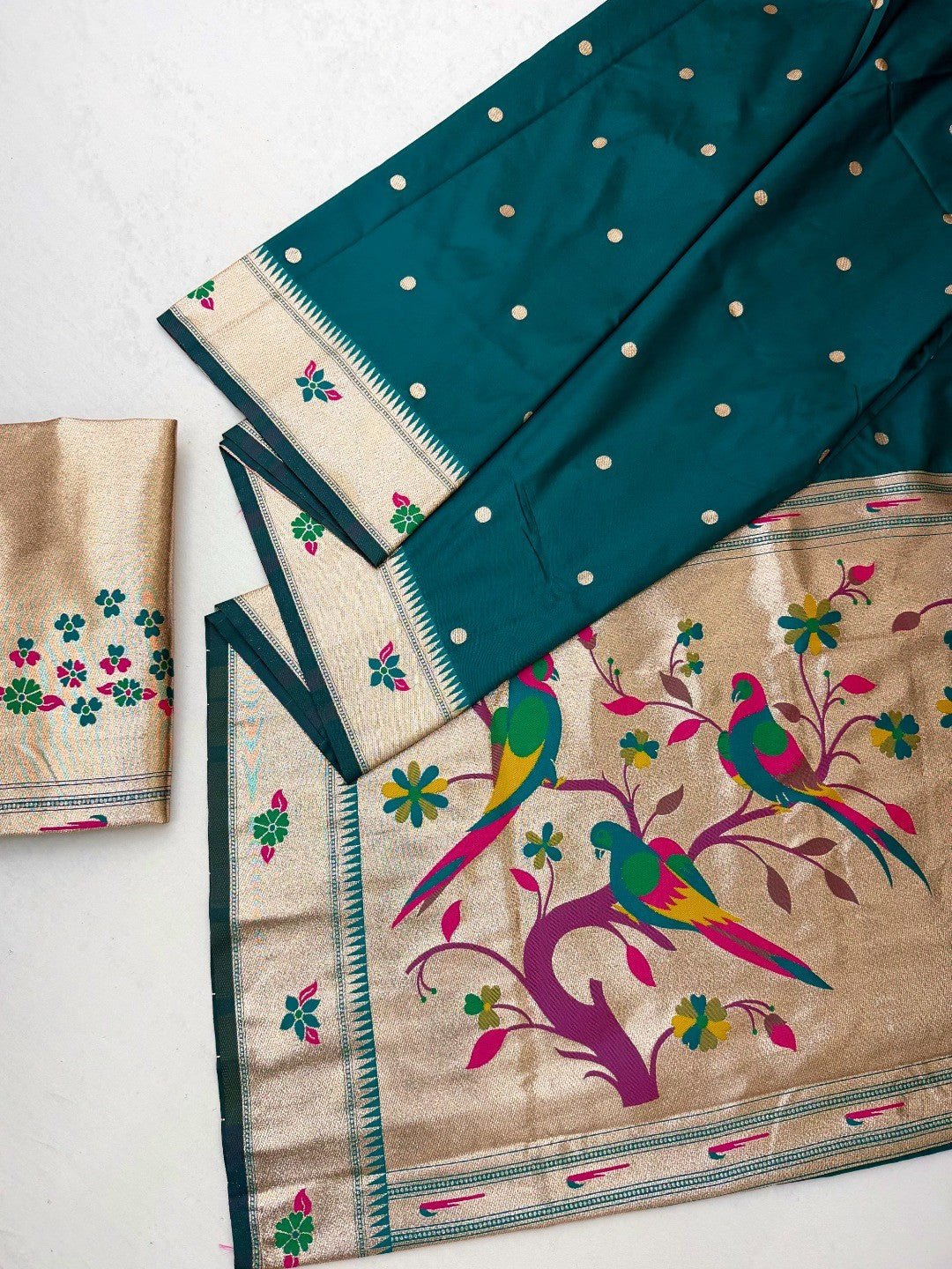 Classic Teal Zari Woven Banarasi Silk Paithani Saree With Floral Border & Parrot Motif Pallu - Image 2