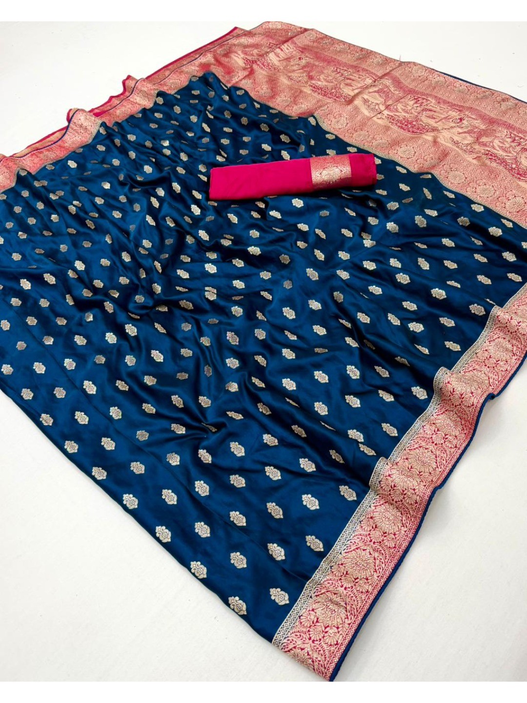 Elegant Rama Blue Satin Silk Zari Work Saree With Contrast Border - Image 3