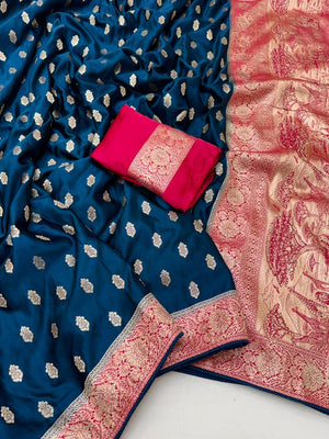 Elegant Rama Blue Satin Silk Zari Work Saree With Contrast Border - Image 2