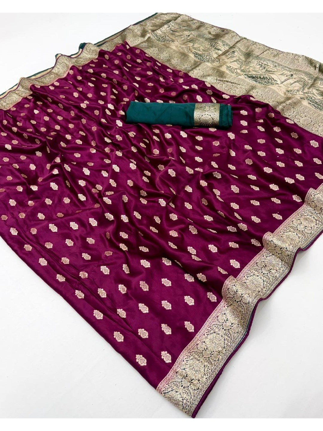 Elegant Magenta Satin Silk Zari Work Saree with Contrast Blouse - Image 2