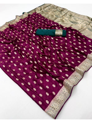 Elegant Magenta Satin Silk Zari Work Saree with Contrast Blouse - Image 2