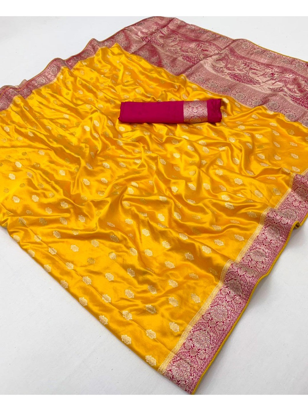 Elegant Mustard Satin Silk Saree with Zari Work and Contrast Pink Border - Image 3