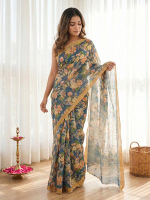 Elegant Blue Floral Printed Linen Saree with Border Detail - Image 1