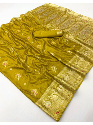 Elegant Olive Organza Satin Silk Zari Work Saree - Image 2