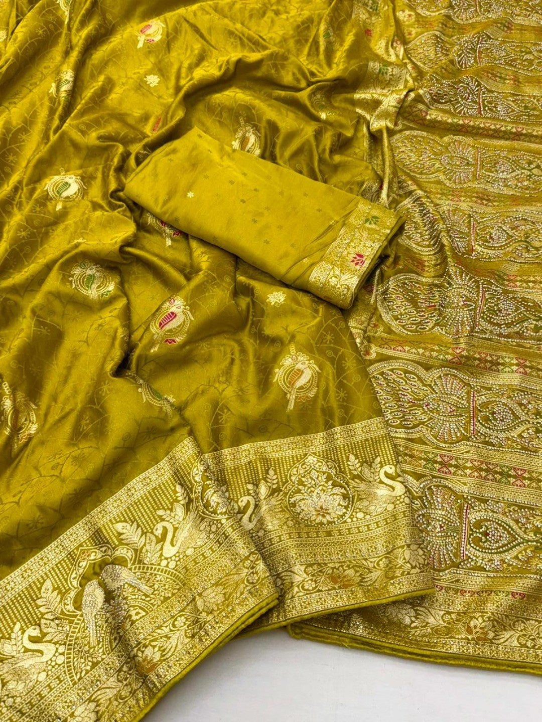 Elegant Olive Organza Satin Silk Zari Work Saree - Image 3