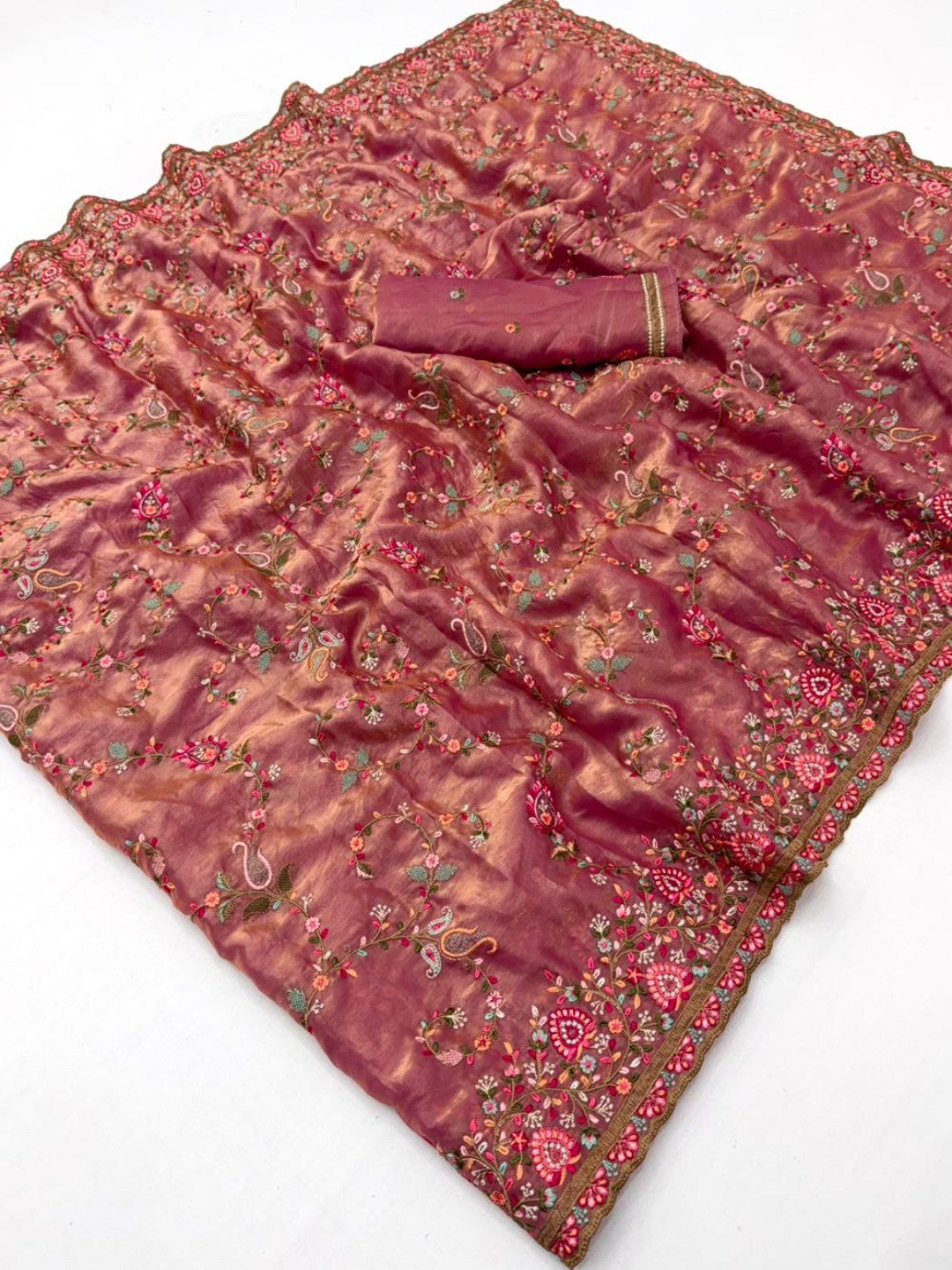 Elegant Pink Satin Saree with Intricate Thread Work and Kashmiri Embroidery - Image 3