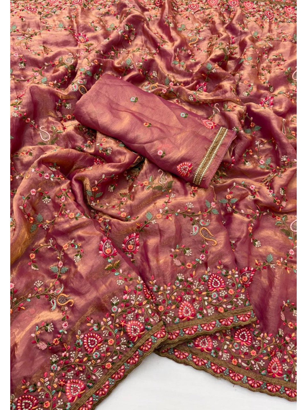 Elegant Pink Satin Saree with Intricate Thread Work and Kashmiri Embroidery - Image 2