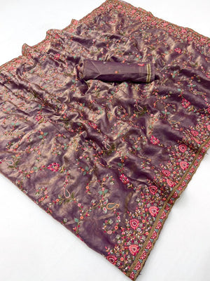 Elegant Purple Satin Saree with Intricate Thread Work Kashmiri Embroidery - Image 2