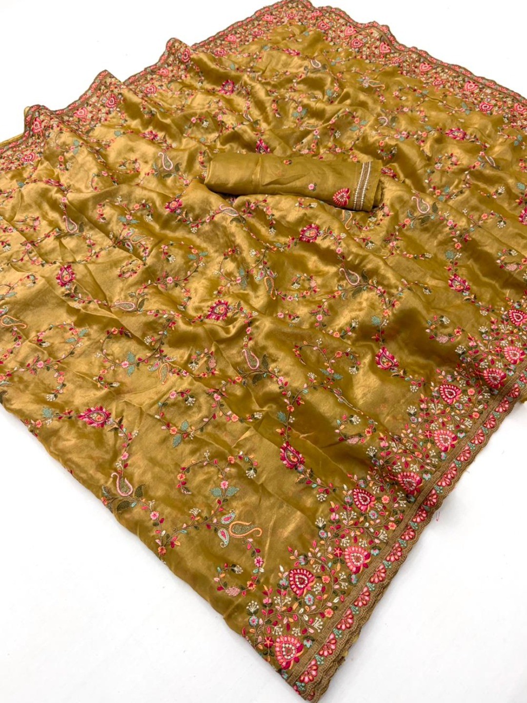 Elegant Mustard Satin Saree with Intricate Thread Work Embroidery - Image 2