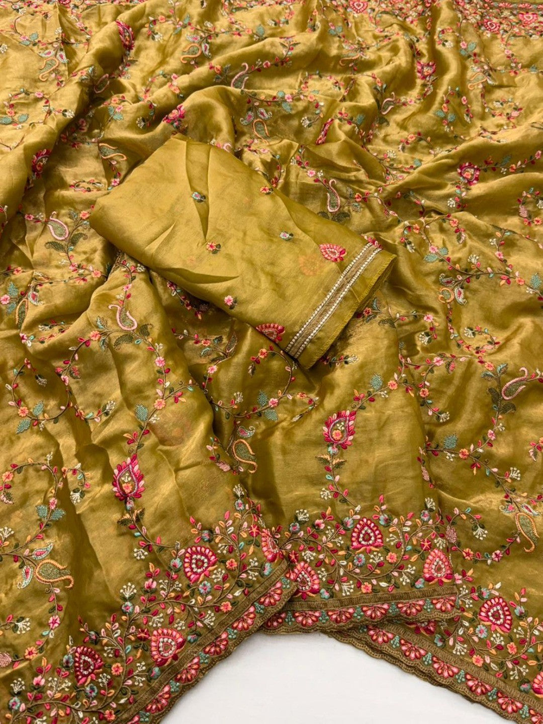 Elegant Mustard Satin Saree with Intricate Thread Work Embroidery - Image 3