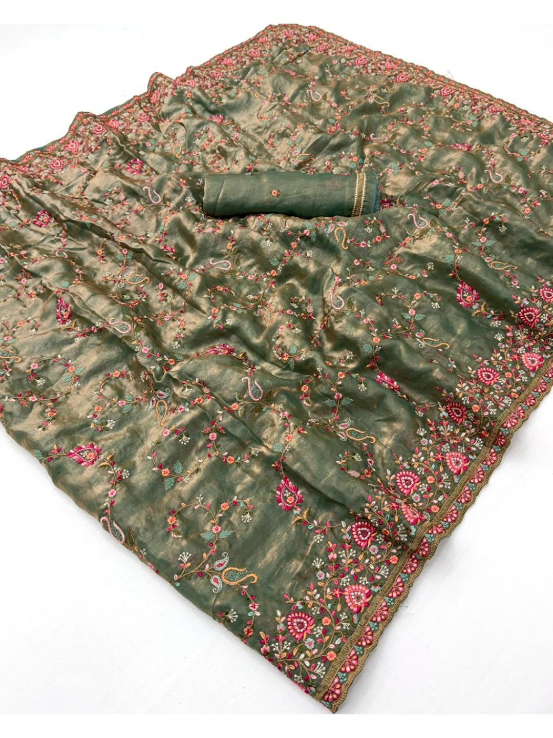Elegant Sage Green Satin Kashmiri Work Saree with Intricate Floral Details - Image 2