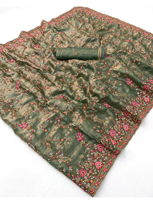Elegant Sage Green Satin Kashmiri Work Saree with Intricate Floral Details - Image 2