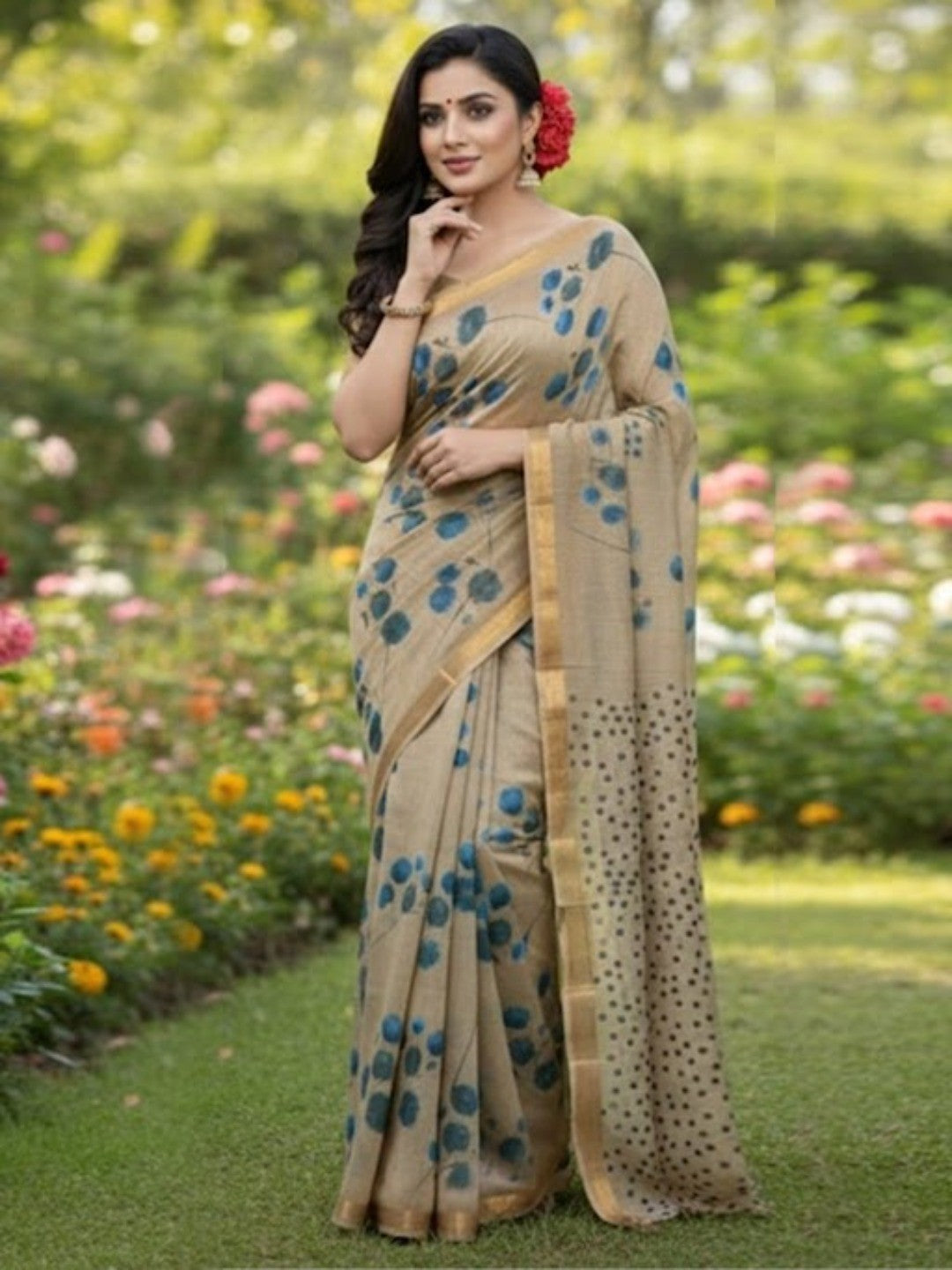 Elegant Beige Linen Saree with Blue Floral Print and Golden Border - Image 1