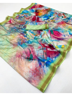 Multicolor Dola Silk Saree with Digital Print and Zari Border - Image 2