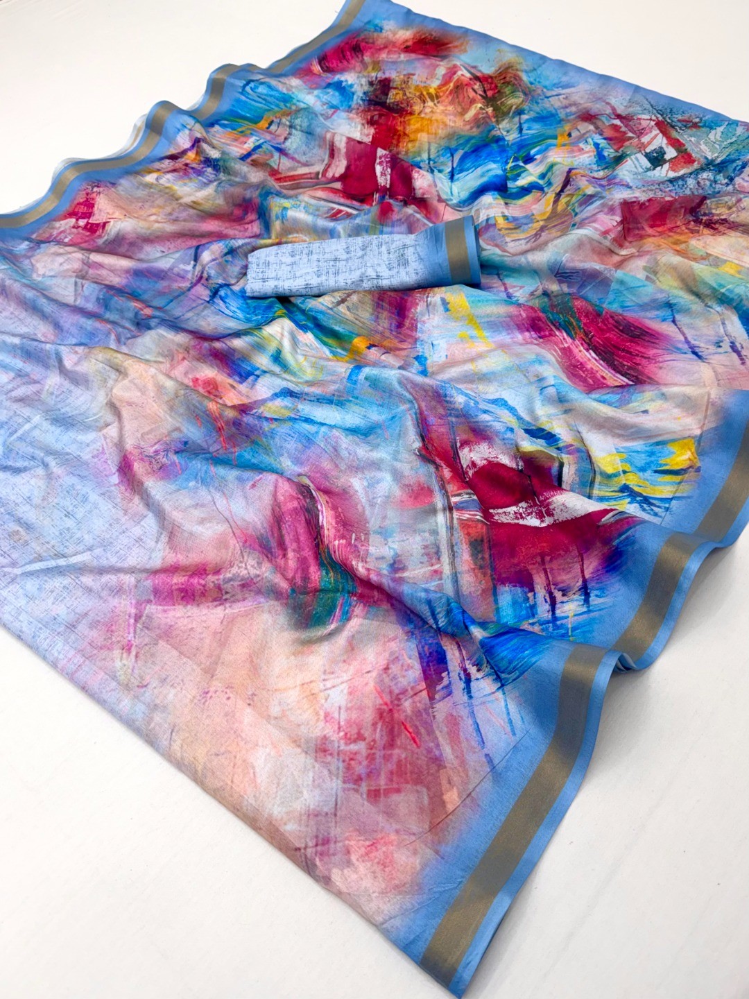 Multicolor Digital Print Dola Silk Saree with Zari Border - Image 2