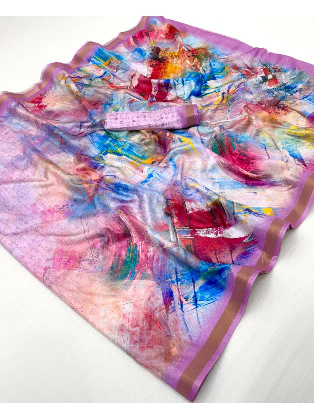 Multicolor Digital Print Dola Silk Saree with Zari Border - Image 2