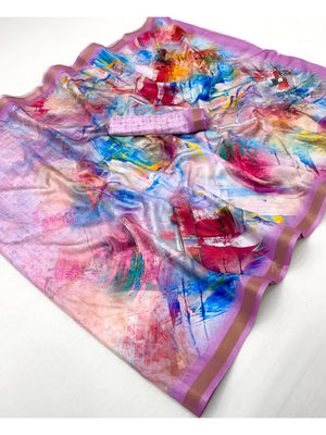 Multicolor Digital Print Dola Silk Saree with Zari Border - Image 2