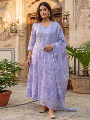 Lavender Floral A Line Cotton Salwar Suit with Dupatta Lightweight Graceful Style - Image 1