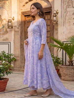 Lavender Floral A Line Cotton Salwar Suit with Dupatta Lightweight Graceful Style - Image 2