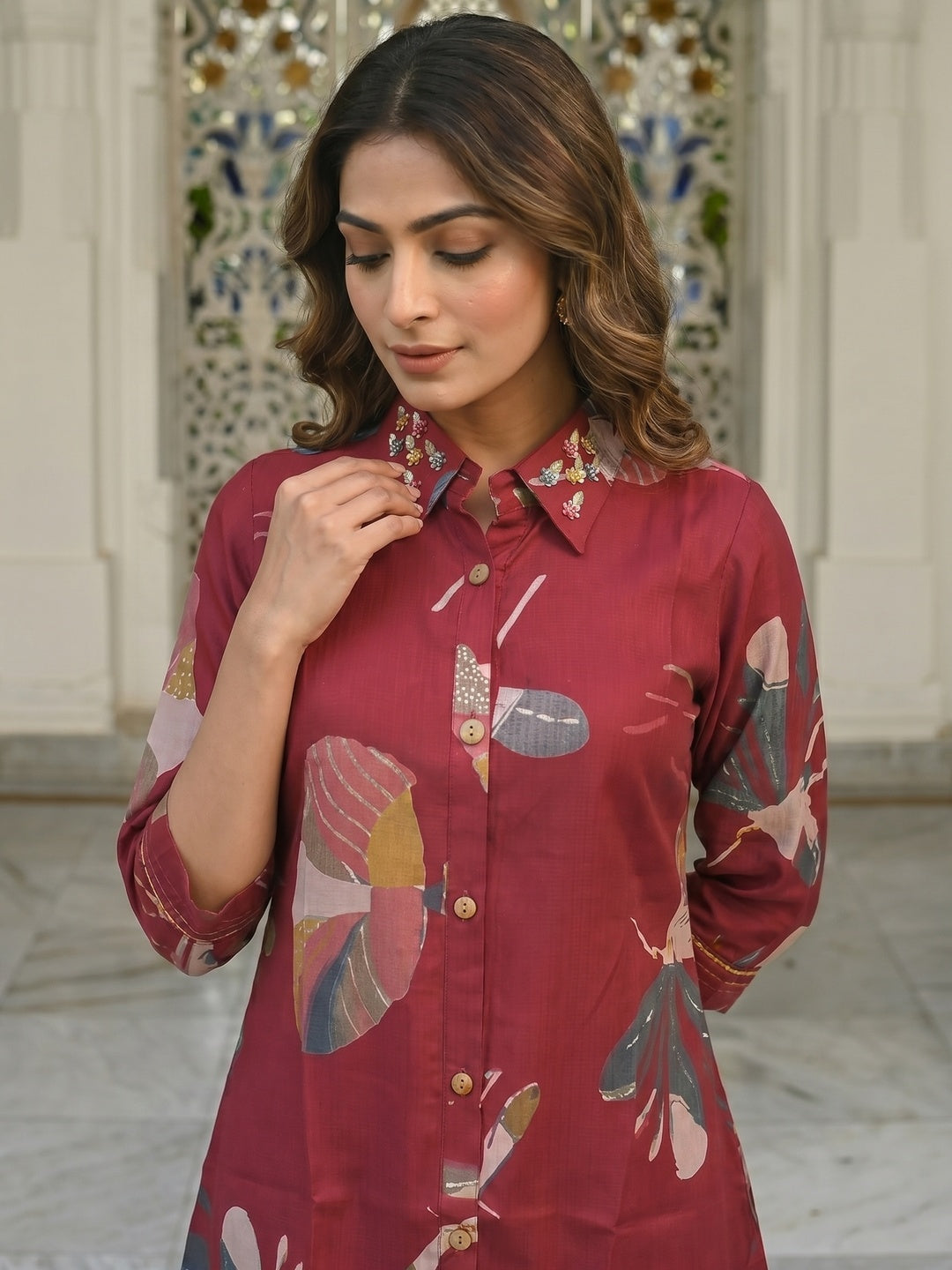 Floral Printed Red Rayon Top Bottom Set Minimal Ethnic Style - Image 3